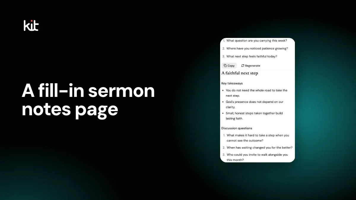 A fill-in sermon notes page: a sample page with key takeaways and discussion questions