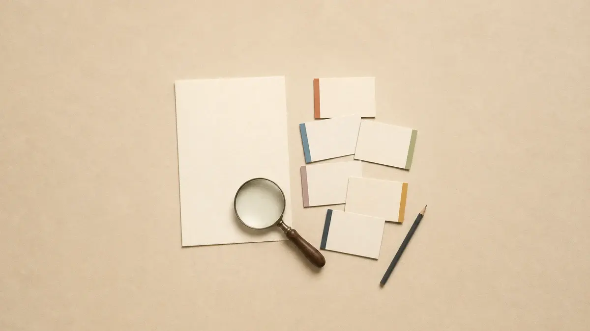 Overhead illustration of a blank source page, six blank review cards, a magnifying glass, and a pencil