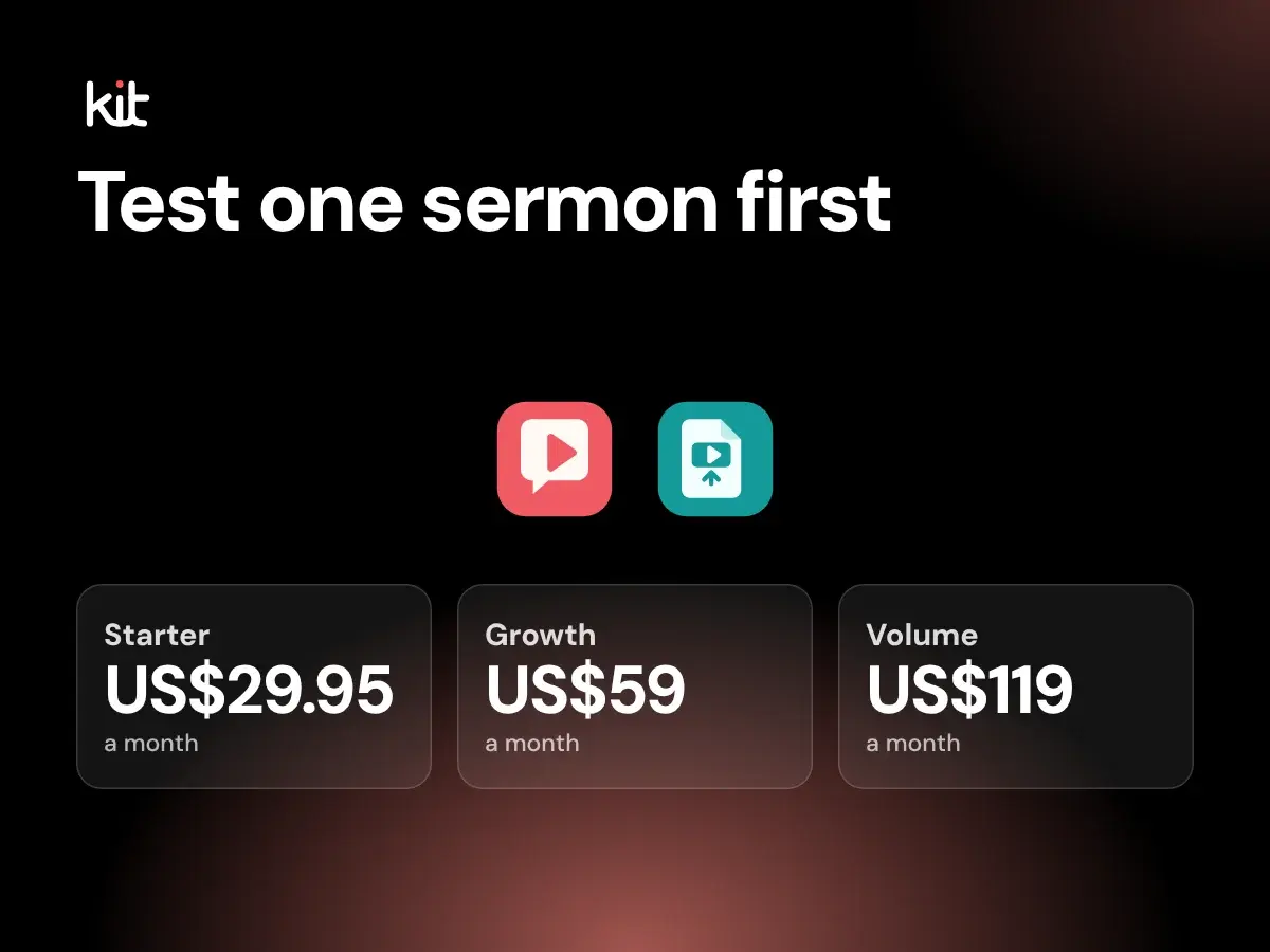 Test one sermon first: Sermon to Social and Sermon Clips app icons above Starter, Growth and Volume monthly prices