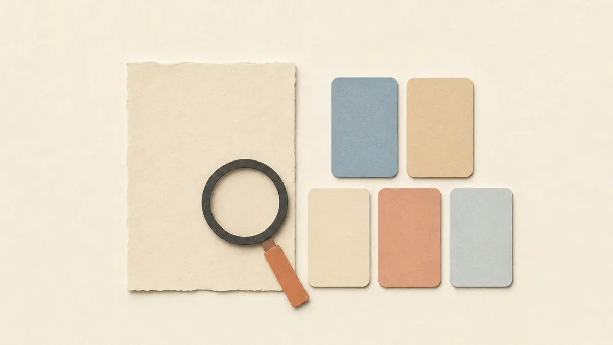 Paper-collage illustration of one blank paper sheet under a magnifying glass beside five small blank paper cards