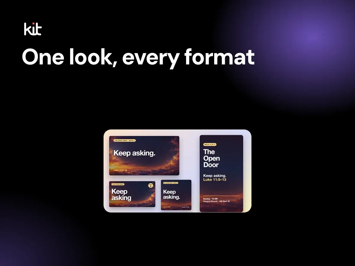 Sermon series graphics checklist: a black stage with the label One look, every format beside a Keep asking slide, a Keep asking thumbnail, a square post and a tall Story for a fictional series, The Open Door, over a sunset sky