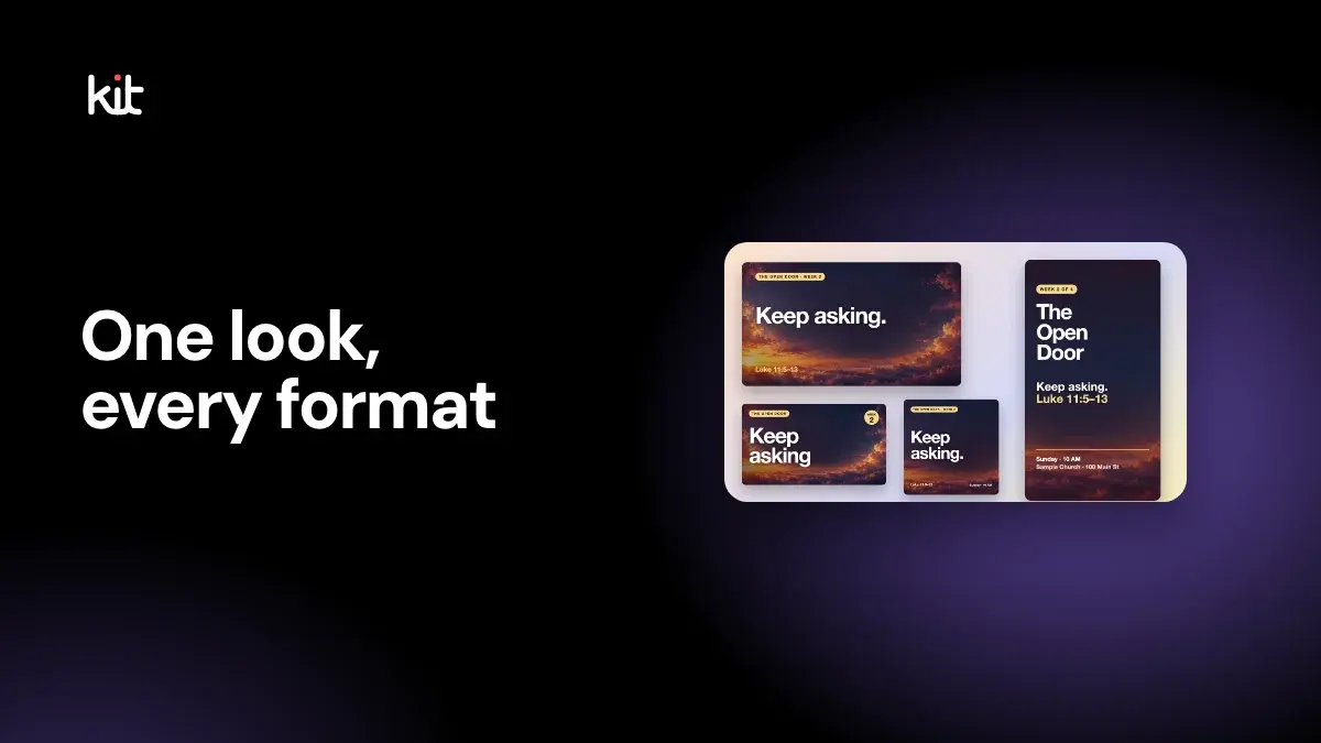 Sermon series graphics checklist: a black stage with the label One look, every format beside a Keep asking slide, a Keep asking thumbnail, a square post and a tall Story for a fictional series, The Open Door, over a sunset sky