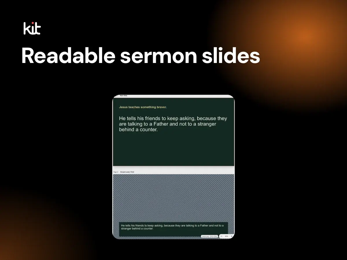 Readable sermon slides: a main slide and a stream lower third in Sermon Slides, shown large