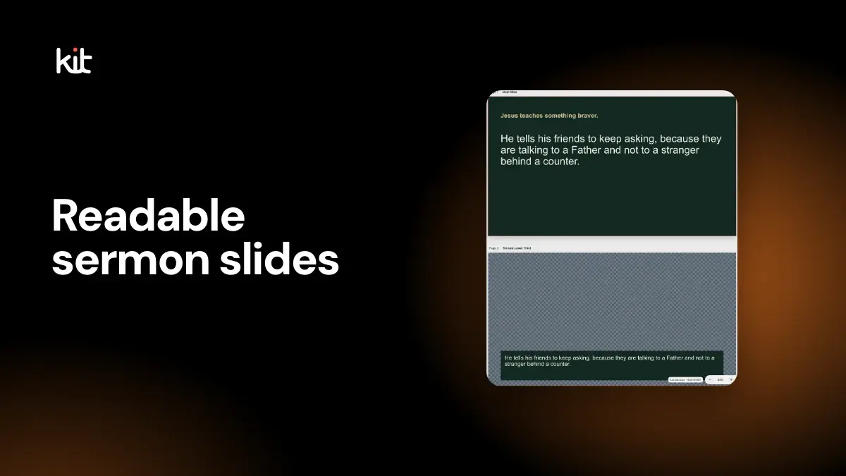 Readable sermon slides: a main slide and a stream lower third in Sermon Slides, shown large