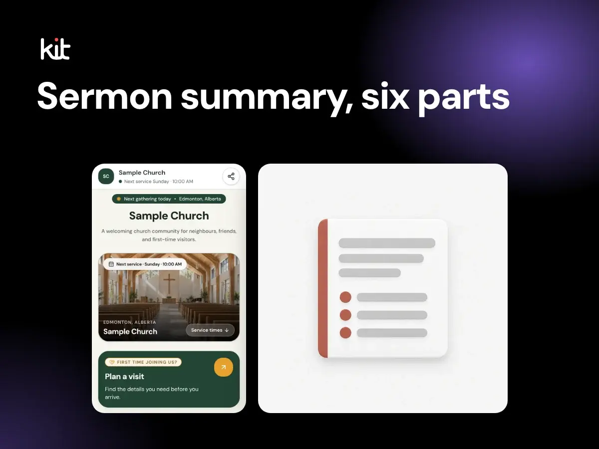 Sermon summary for a church website: a black stage with the label Sermon summary, six parts beside a mobile capture of a fictional Sample Church web page and a simple page icon with a headline and three bullet points