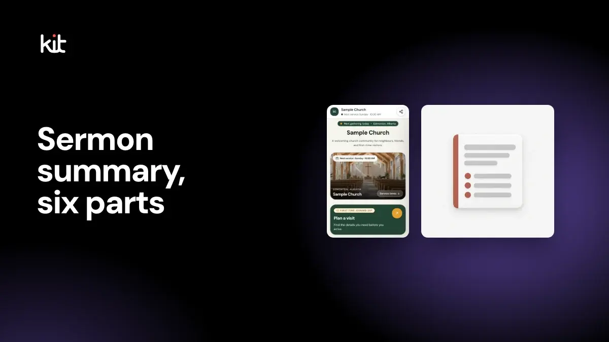 Sermon summary for a church website: a black stage with the label Sermon summary, six parts beside a mobile capture of a fictional Sample Church web page and a simple page icon with a headline and three bullet points