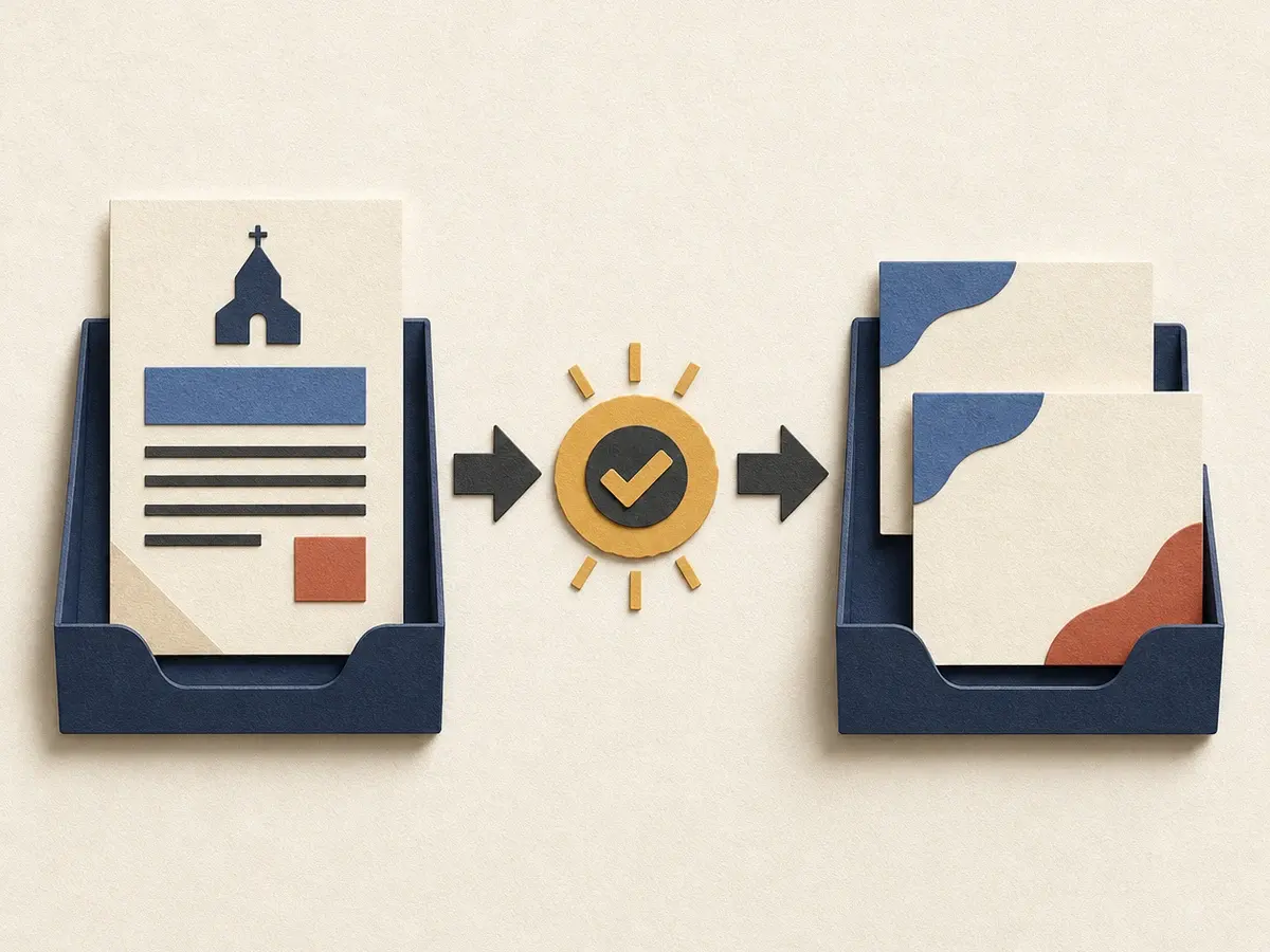 Paper-collage sermon source moving through a review checkpoint between two trays before becoming approved social cards