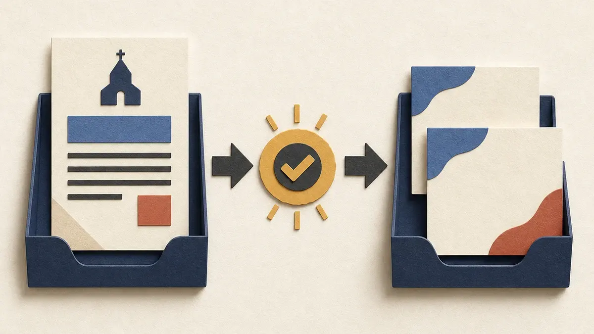 Paper-collage sermon source moving through a review checkpoint between two trays before becoming approved social cards