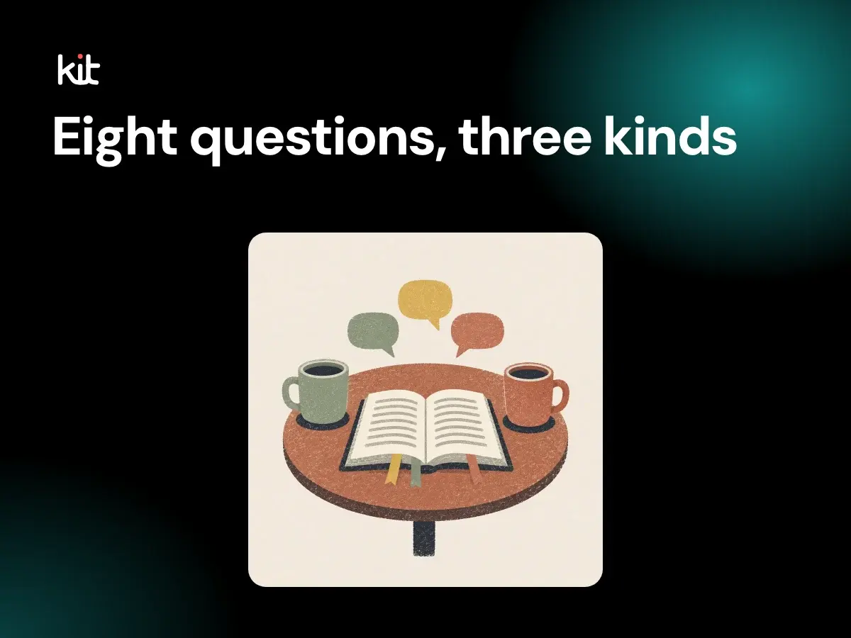 Small group questions from a sermon: a black stage with the label Eight questions, three kinds beside an illustration of an open Bible with bookmarks on a round table between two mugs, with three speech bubbles above