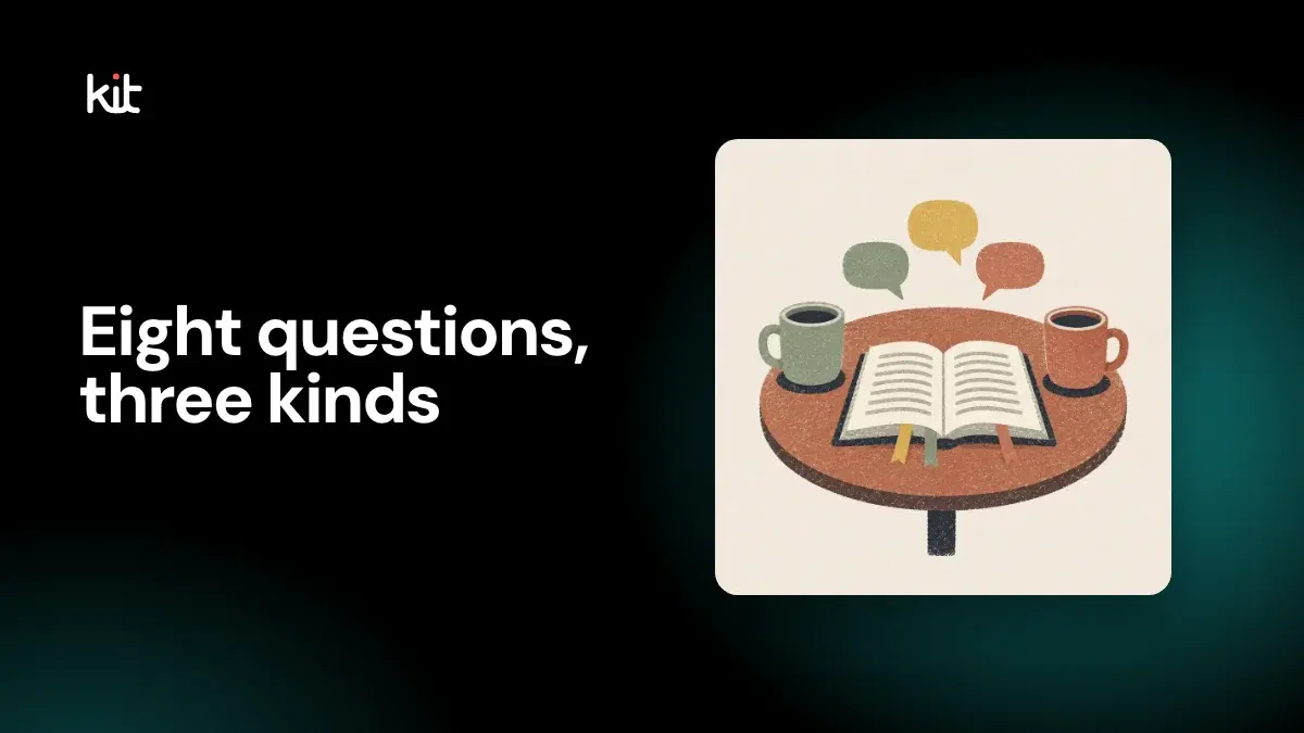 Small group questions from a sermon: a black stage with the label Eight questions, three kinds beside an illustration of an open Bible with bookmarks on a round table between two mugs, with three speech bubbles above