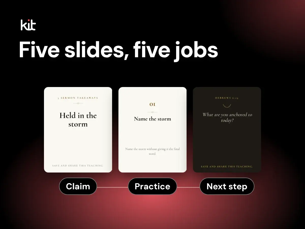 Five slides, five jobs: cover, point and closing slides from a sample teaching carousel marked Claim, Practice and Next step