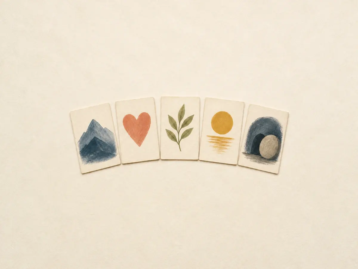 Illustration of five paper teaching cards in a curved row, each with a different painted symbol