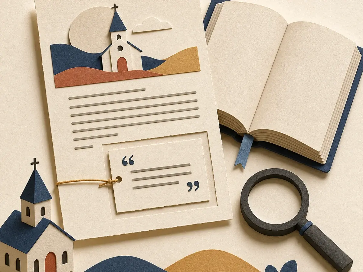 Quotation card kept inside a larger sermon source beside an open book, church model, and magnifying glass