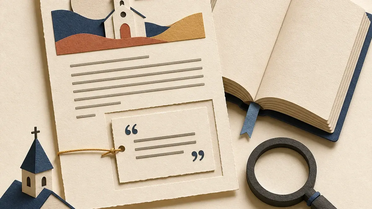 Quotation card kept inside a larger sermon source beside an open book, church model, and magnifying glass