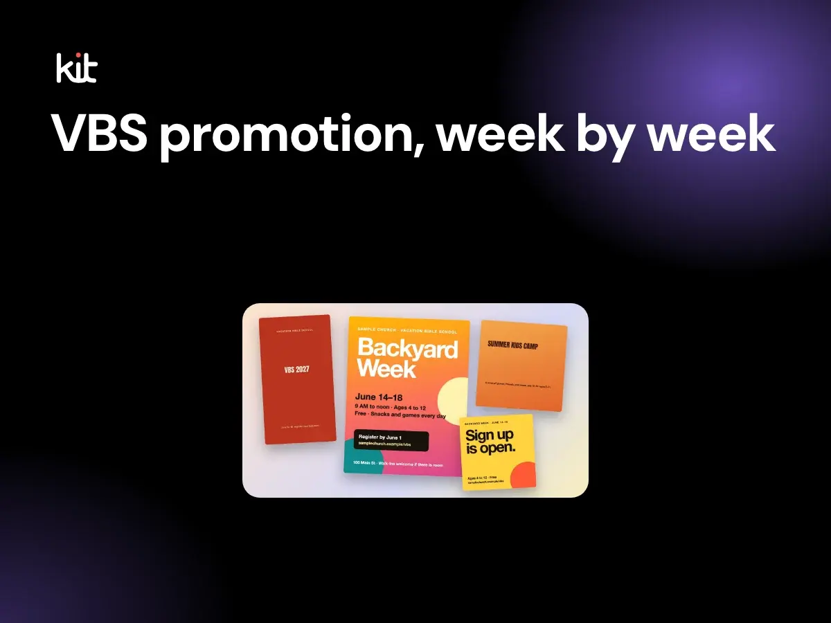 VBS social media plan: a dark stage with the label VBS promotion, week by week beside four fictional Vacation Bible School designs: a red VBS 2027 Story, an orange and pink Backyard Week flyer, an orange Summer Kids Camp post and a yellow Sign up is open post