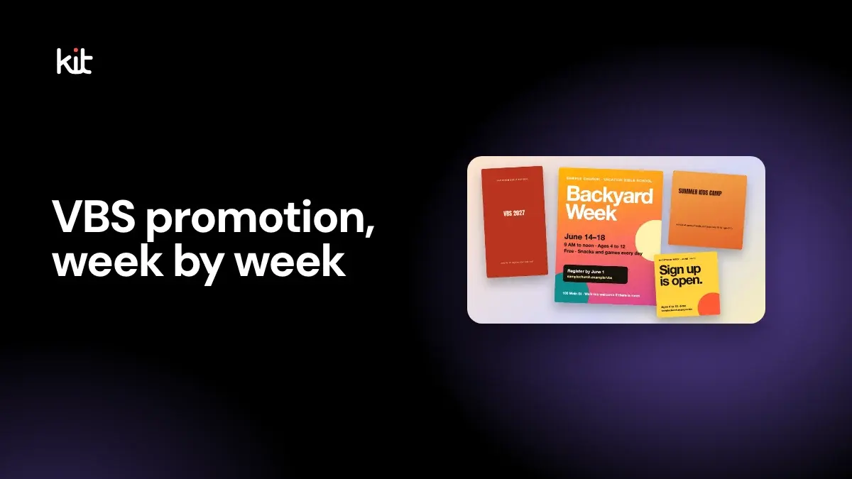 VBS social media plan: a dark stage with the label VBS promotion, week by week beside four fictional Vacation Bible School designs: a red VBS 2027 Story, an orange and pink Backyard Week flyer, an orange Summer Kids Camp post and a yellow Sign up is open post