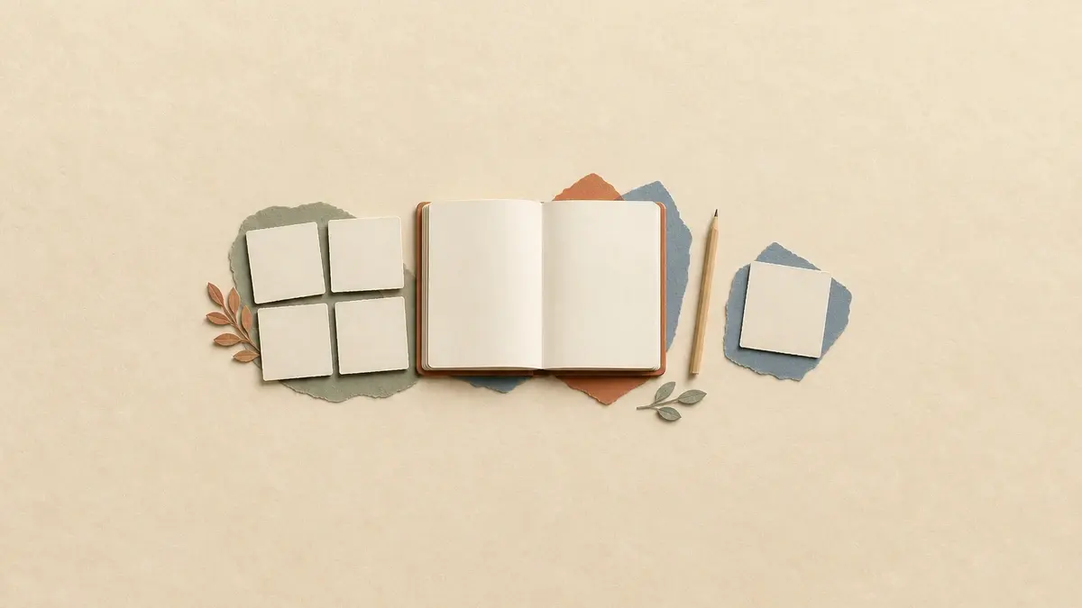 Paper-cut illustration of four grouped blank cards beside an open blank book and pencil, with one blank card set apart