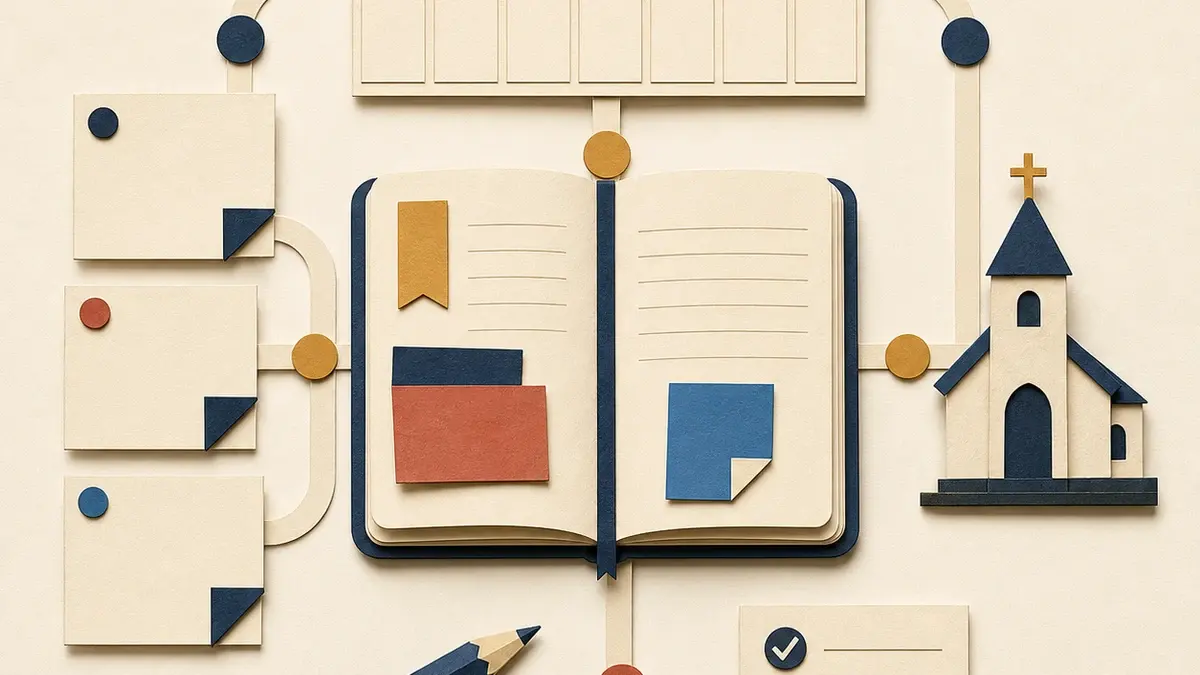 Paper-collage sermon notebook connected to a weekly calendar, social post cards, a church model, and a review checklist