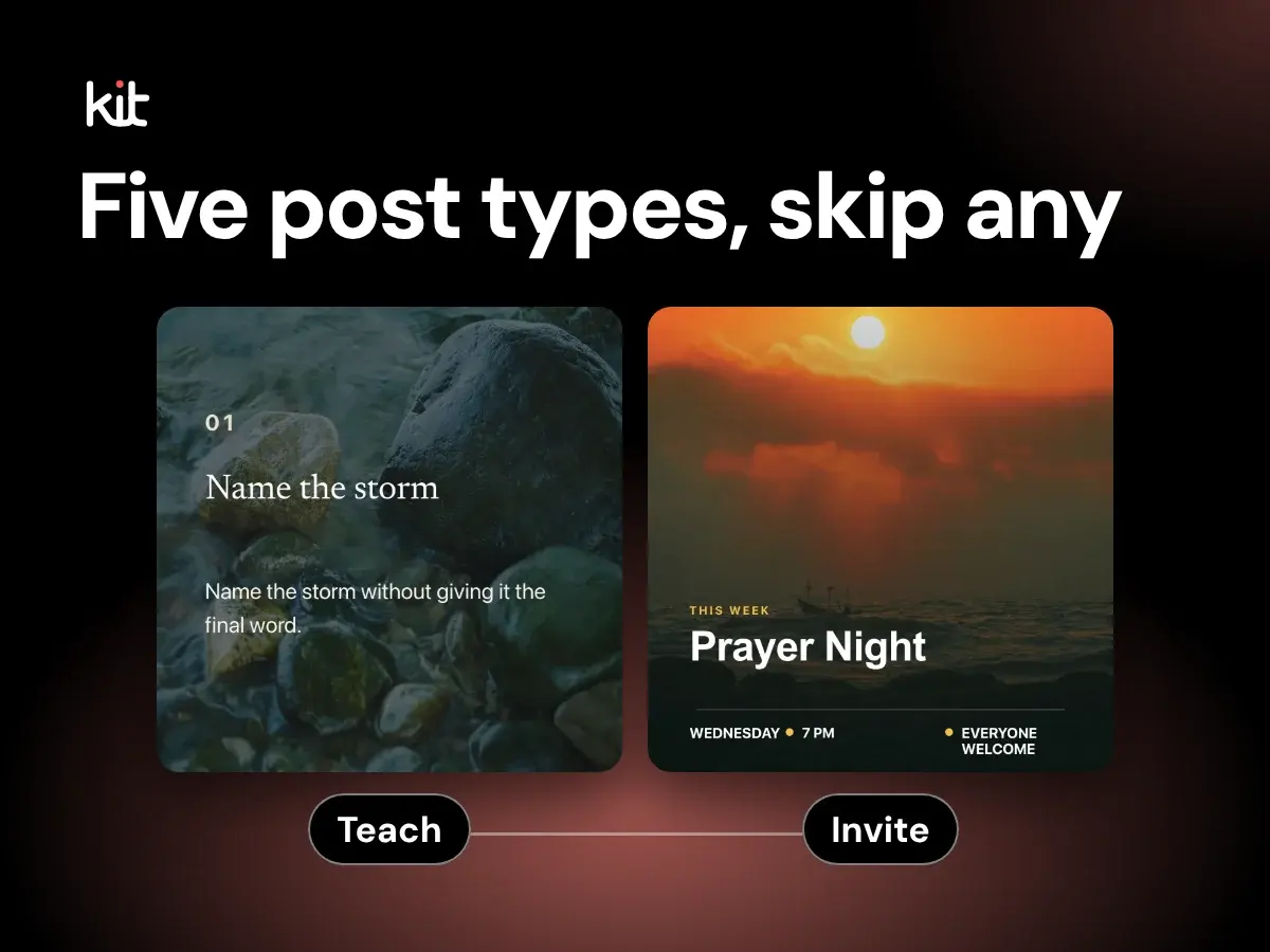 Five post types, skip any: a sample teaching slide marked Teach and a prayer night graphic marked Invite