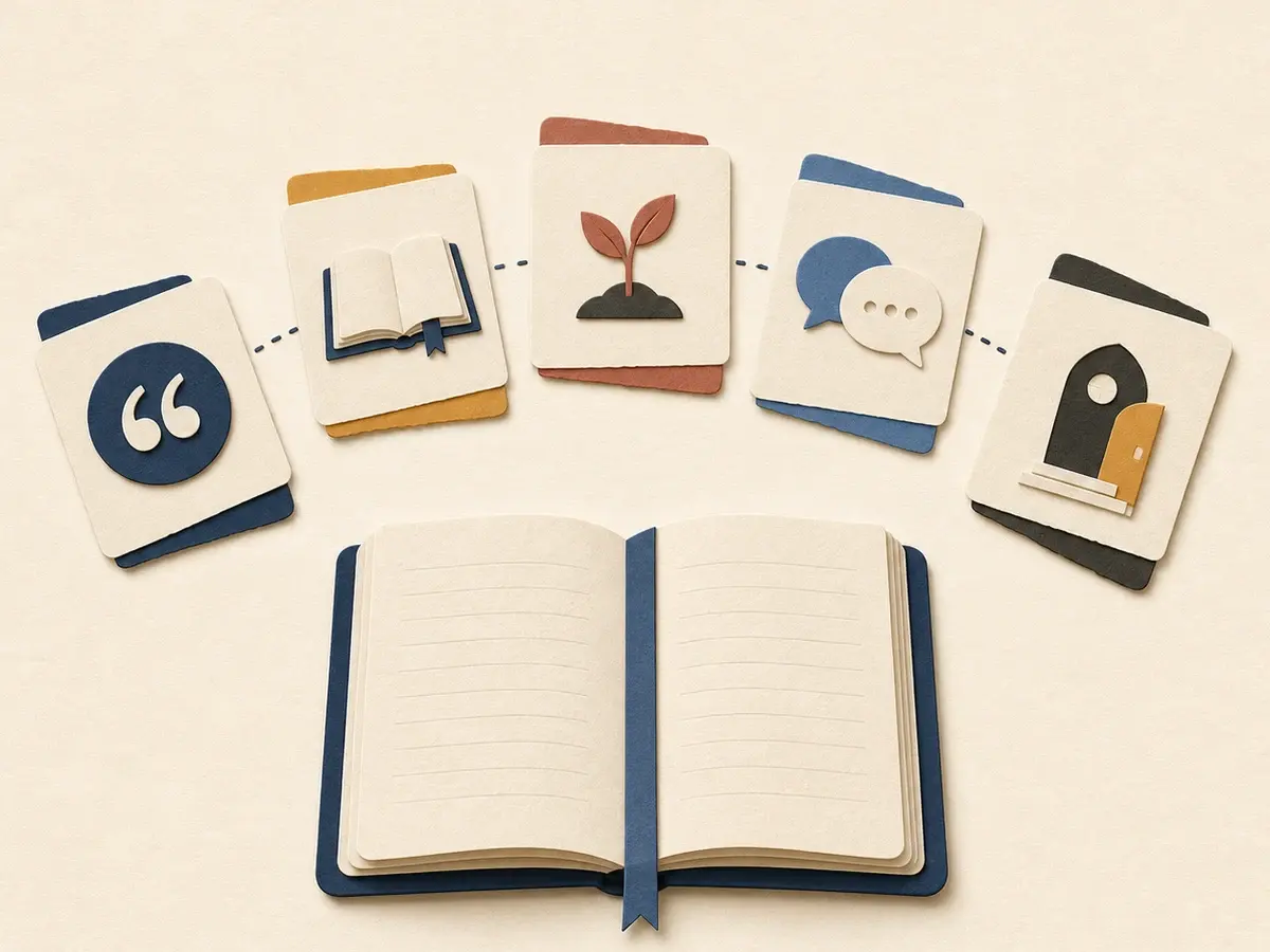 Open sermon notebook connected to five paper cards marked with quotation, book, practice, conversation, and doorway symbols
