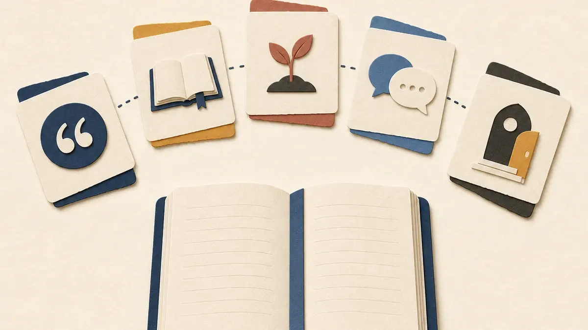Open sermon notebook connected to five paper cards marked with quotation, book, practice, conversation, and doorway symbols