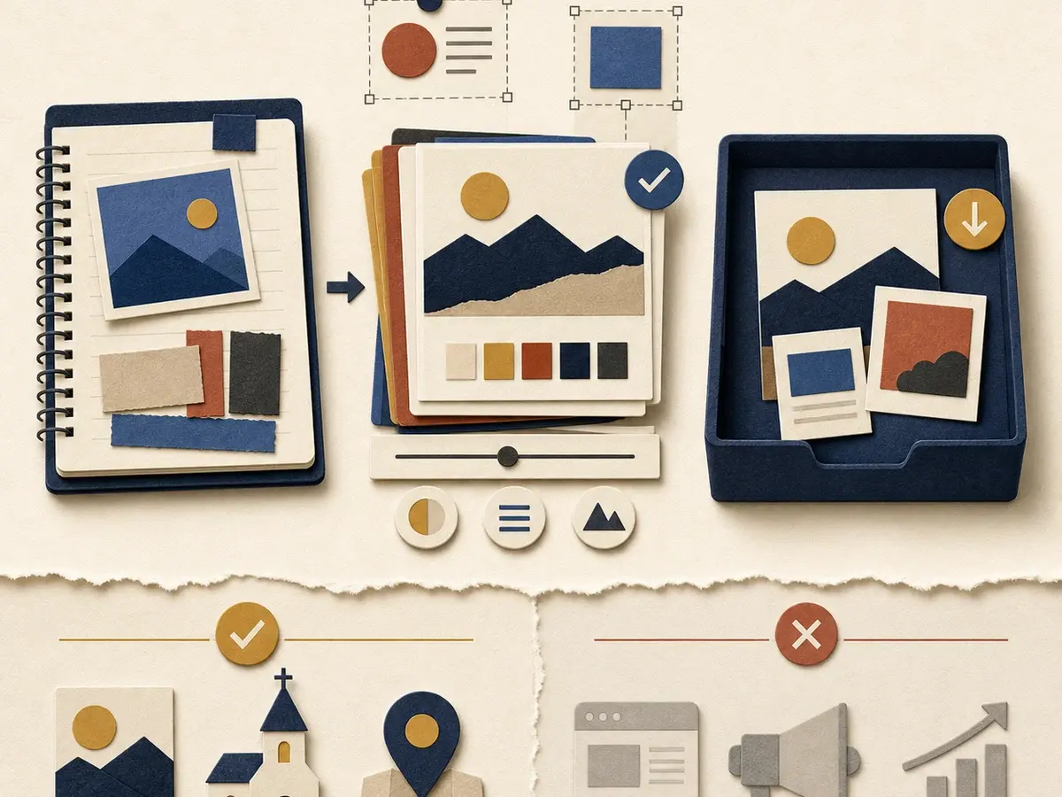 Paper-collage workspace with a source notebook, editable design cards, export tray, and a clear boundary around church-owned decisions
