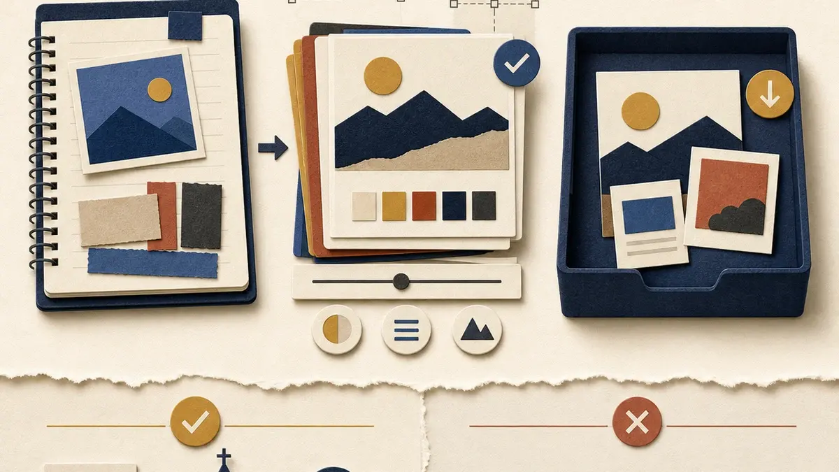 Paper-collage workspace with a source notebook, editable design cards, export tray, and a clear boundary around church-owned decisions