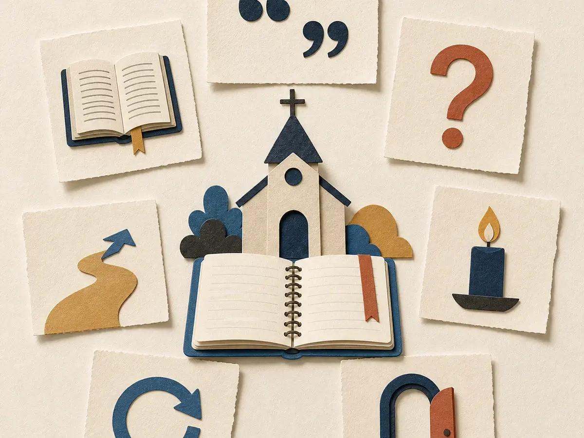 Church model and sermon notebook surrounded by seven cards for a quote, scripture, question, practice, prayer, recap, and invitation
