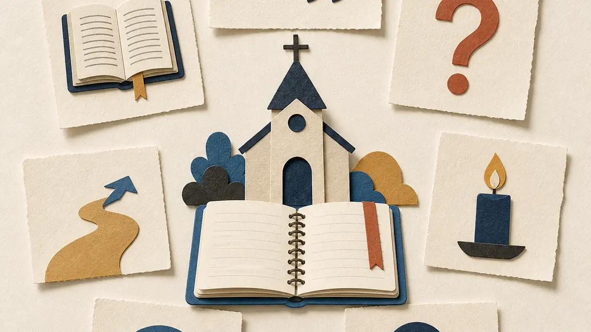 Church model and sermon notebook surrounded by seven cards for a quote, scripture, question, practice, prayer, recap, and invitation