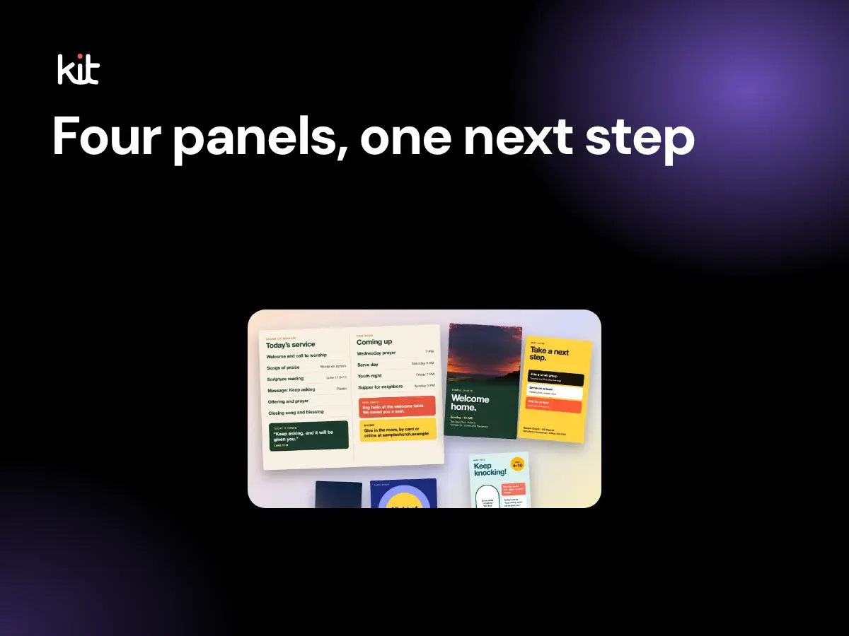 What to put in a church bulletin: a fictional folded bulletin with a dark green Welcome home cover, a cream order of service spread and a yellow Take a next step back panel