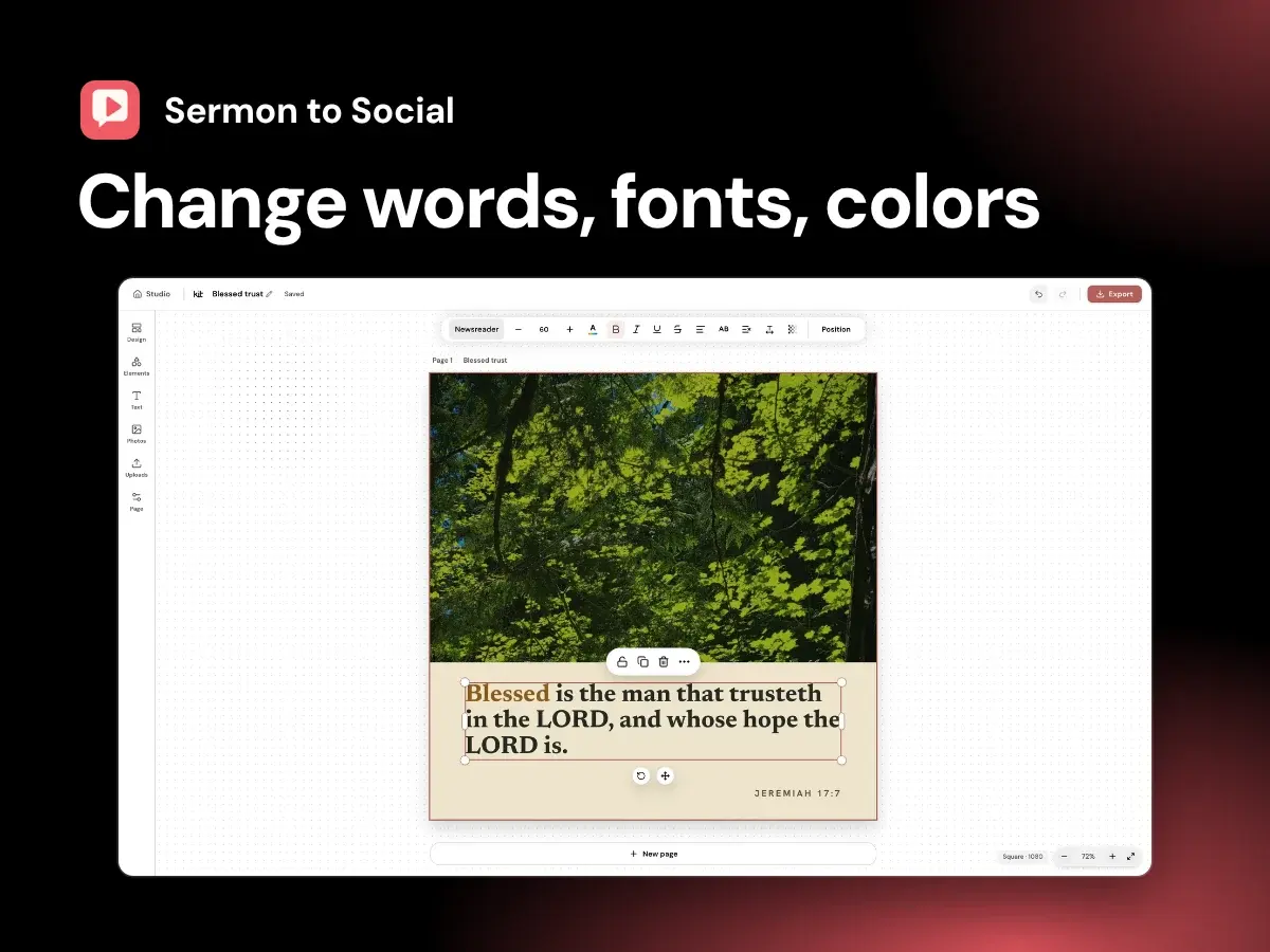 Studio editor screenshot with a Jeremiah 17:7 design's text selected, labeled Change words, fonts, colors