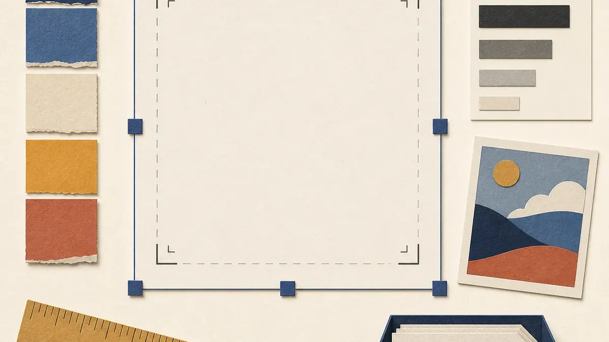 Paper-collage design canvas with resize handles, crop frame, color swatches, type strips, image tile, ruler, and export tray