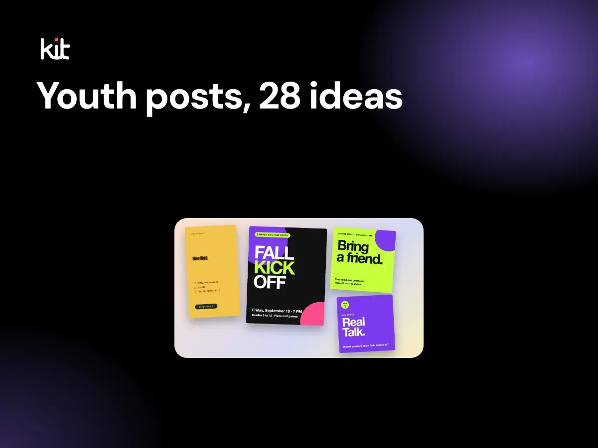 Youth group Instagram post ideas: a dark stage with the label Youth posts, 28 ideas beside a lime Bring a friend post, a purple Real Talk post, a black FALL KICKOFF post and a yellow Glow Night Story