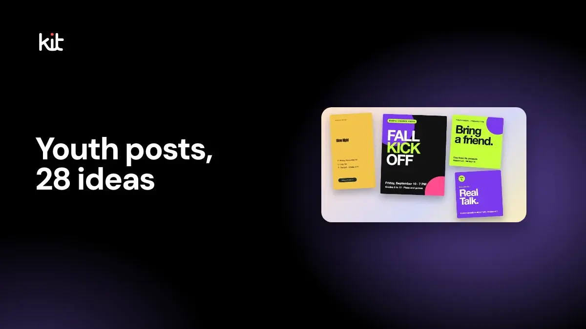 Youth group Instagram post ideas: a dark stage with the label Youth posts, 28 ideas beside a lime Bring a friend post, a purple Real Talk post, a black FALL KICKOFF post and a yellow Glow Night Story