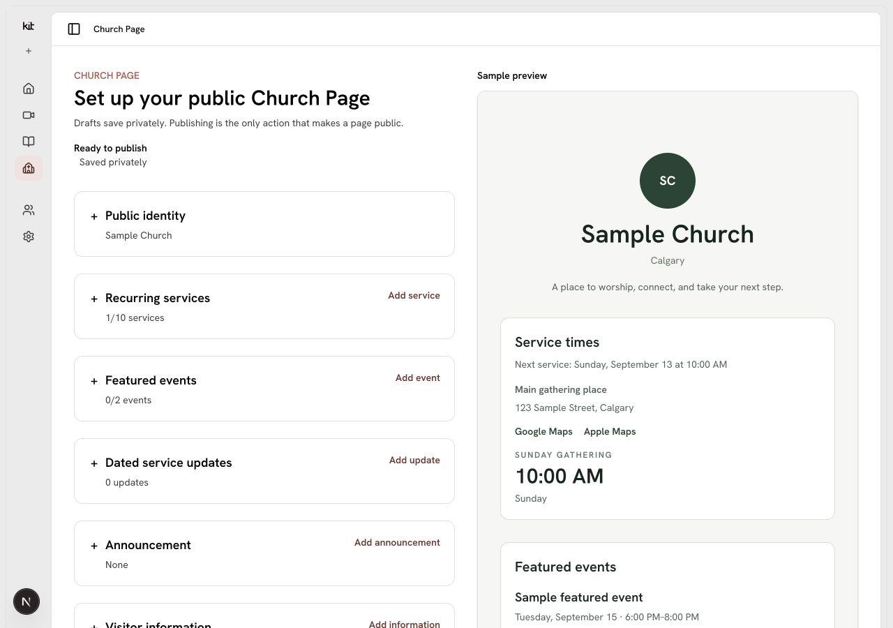 Sample Church Page editor with fictional content, a private draft, service information, and preview.