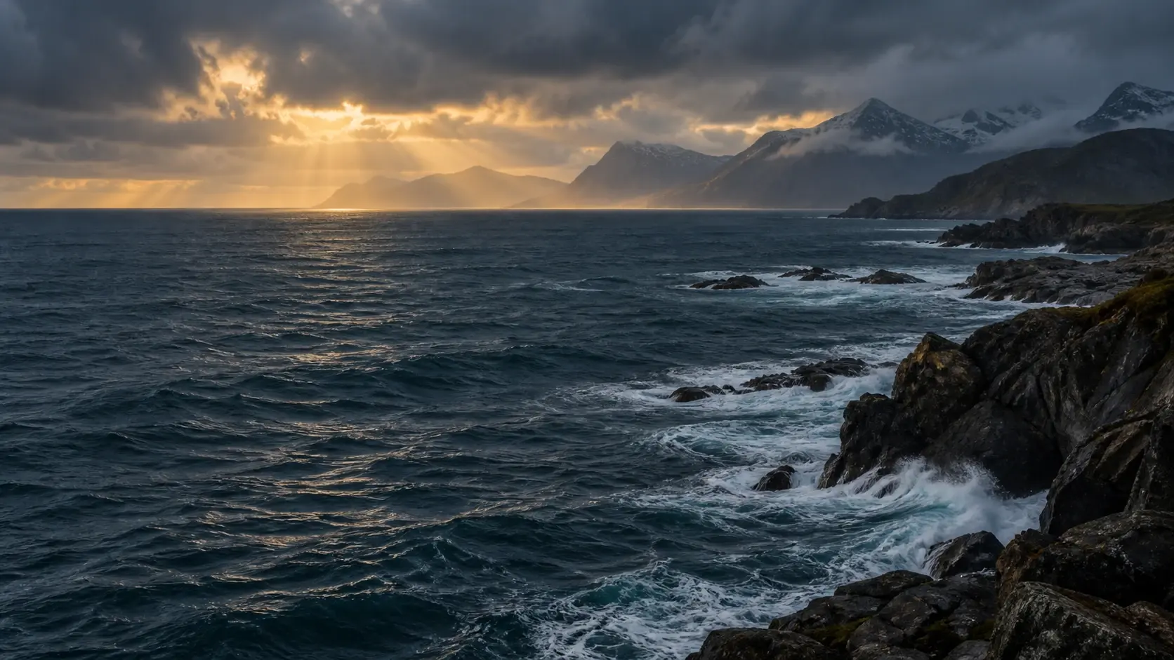 Storm clouds opening over a rugged coastline and the sea.