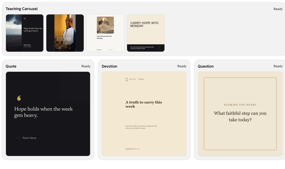 Generated Weekly Content workspace showing a teaching carousel plus Quote, Devotion, and Question designs from a fictional sermon.
