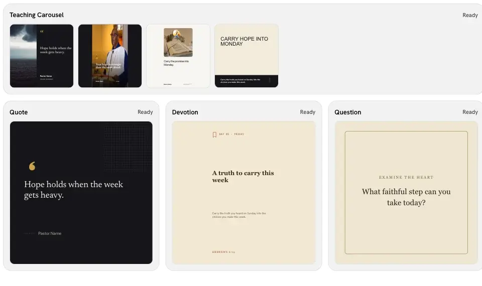 Generated Teaching Carousel, Quote, Devotion and Question designs, each marked Ready