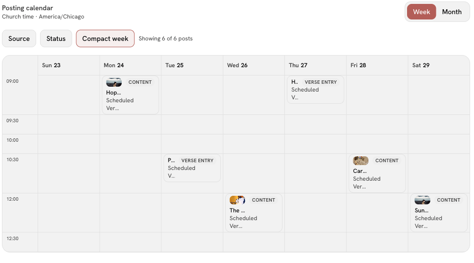Posting Calendar compact week showing six scheduled entries from Monday through Saturday, including four Content posts and two Verse Entries.