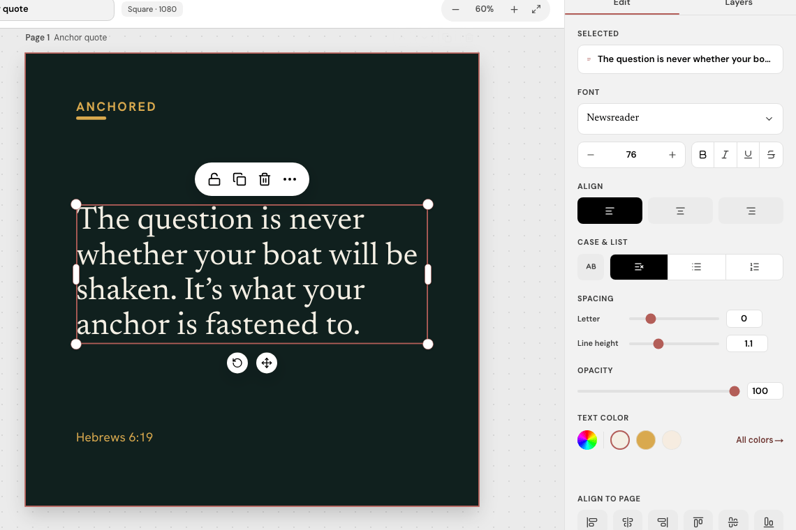 Studio editor with a sermon quote selected on the canvas and the Edit inspector open to typography and alignment controls.