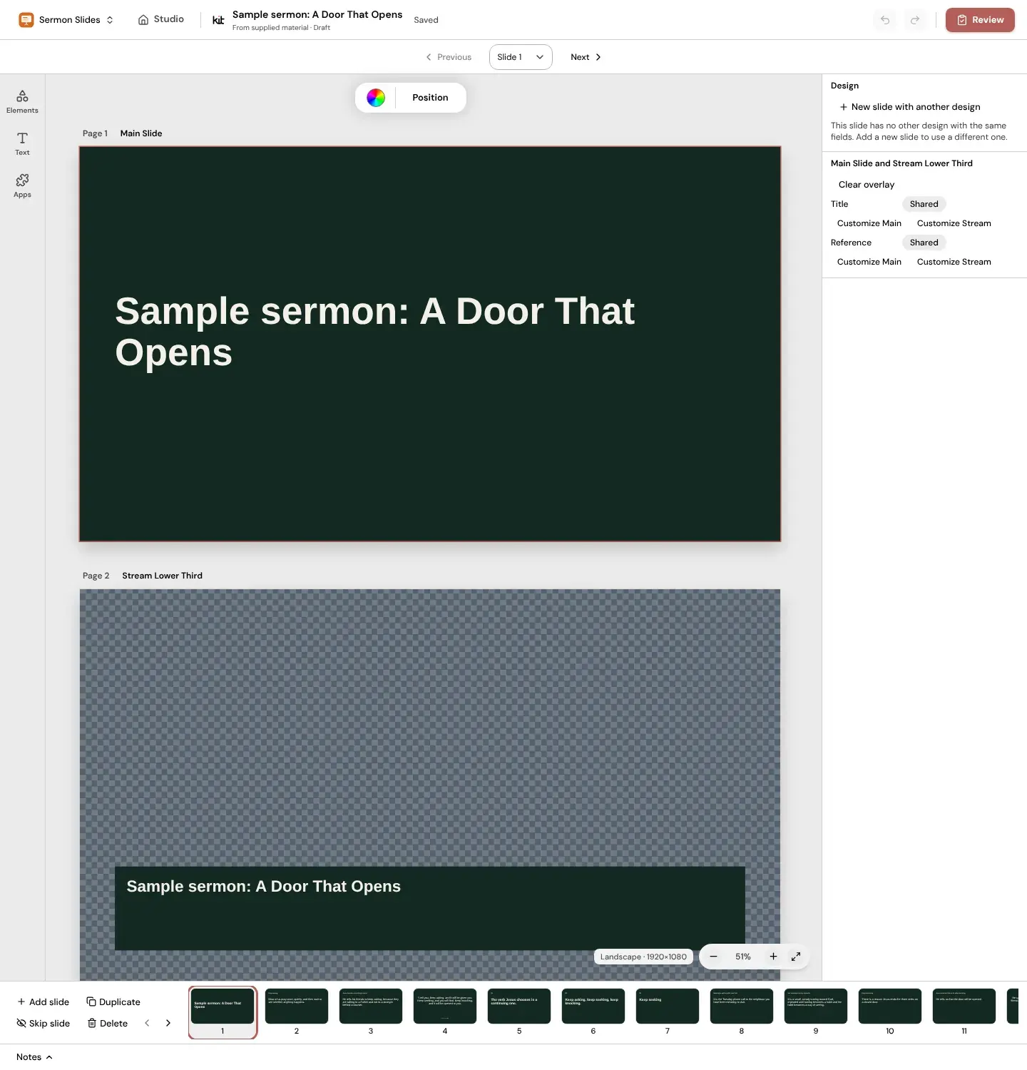 Sample sermon in the Sermon Slides editor: a Main Slide, its Stream Lower Third and the slide strip.
