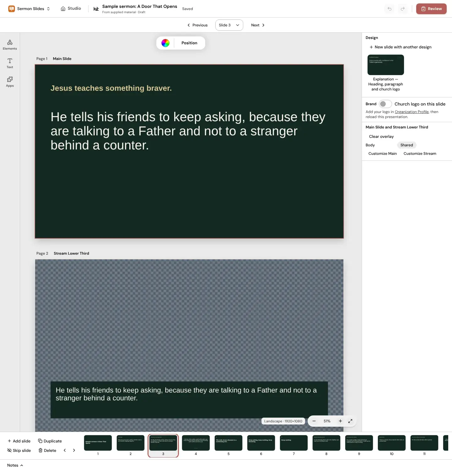 Sample sermon slide 3 as a Main Slide with its matching Stream Lower Third below it.