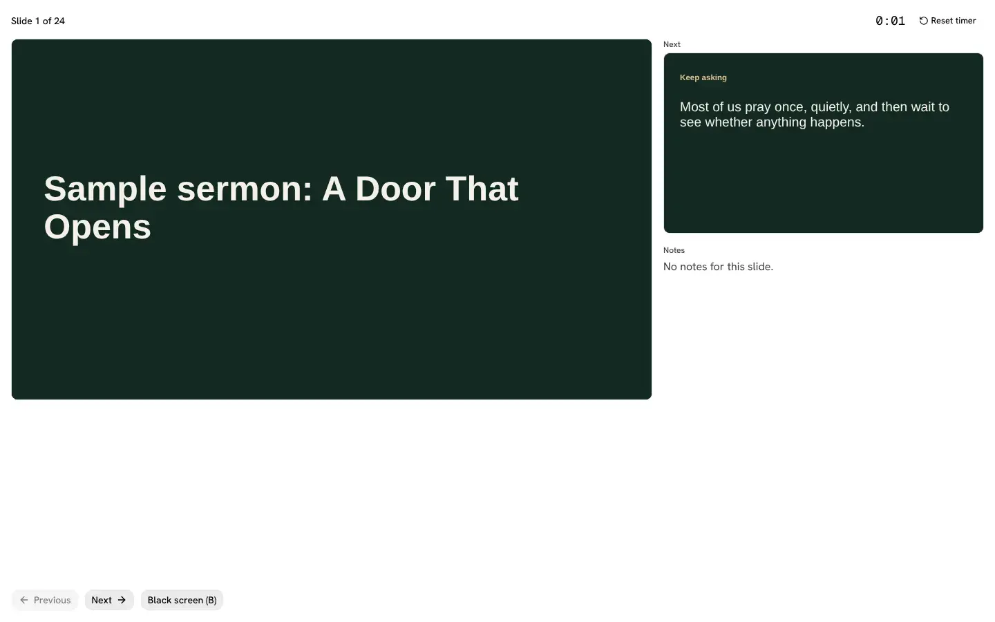 Sample sermon in the presenter view with the current slide, next slide, notes and timer.