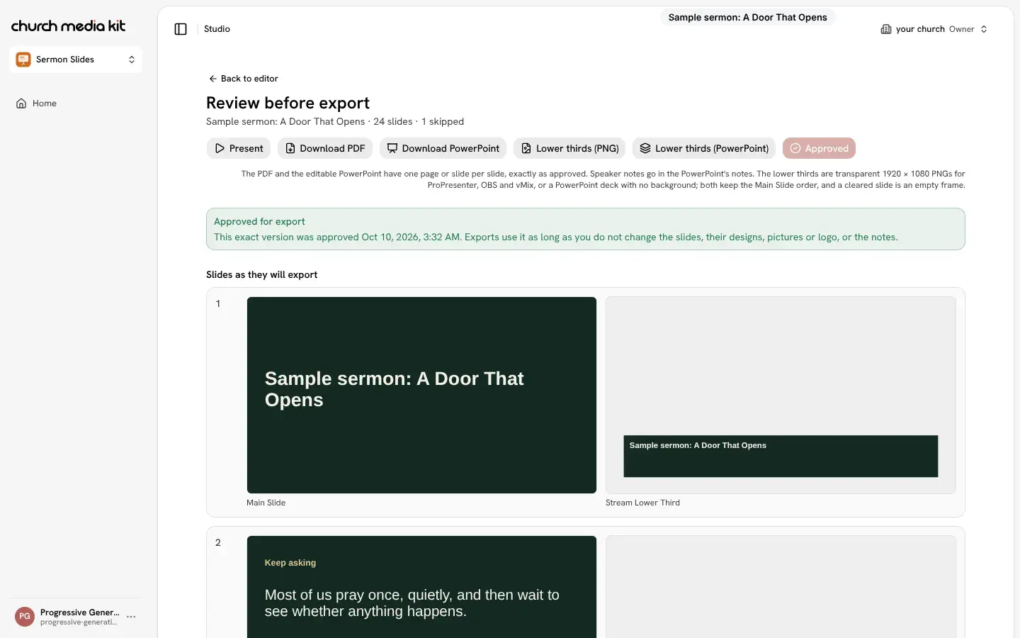 Sample sermon Review step with Download PDF, Download PowerPoint and lower-third download buttons.