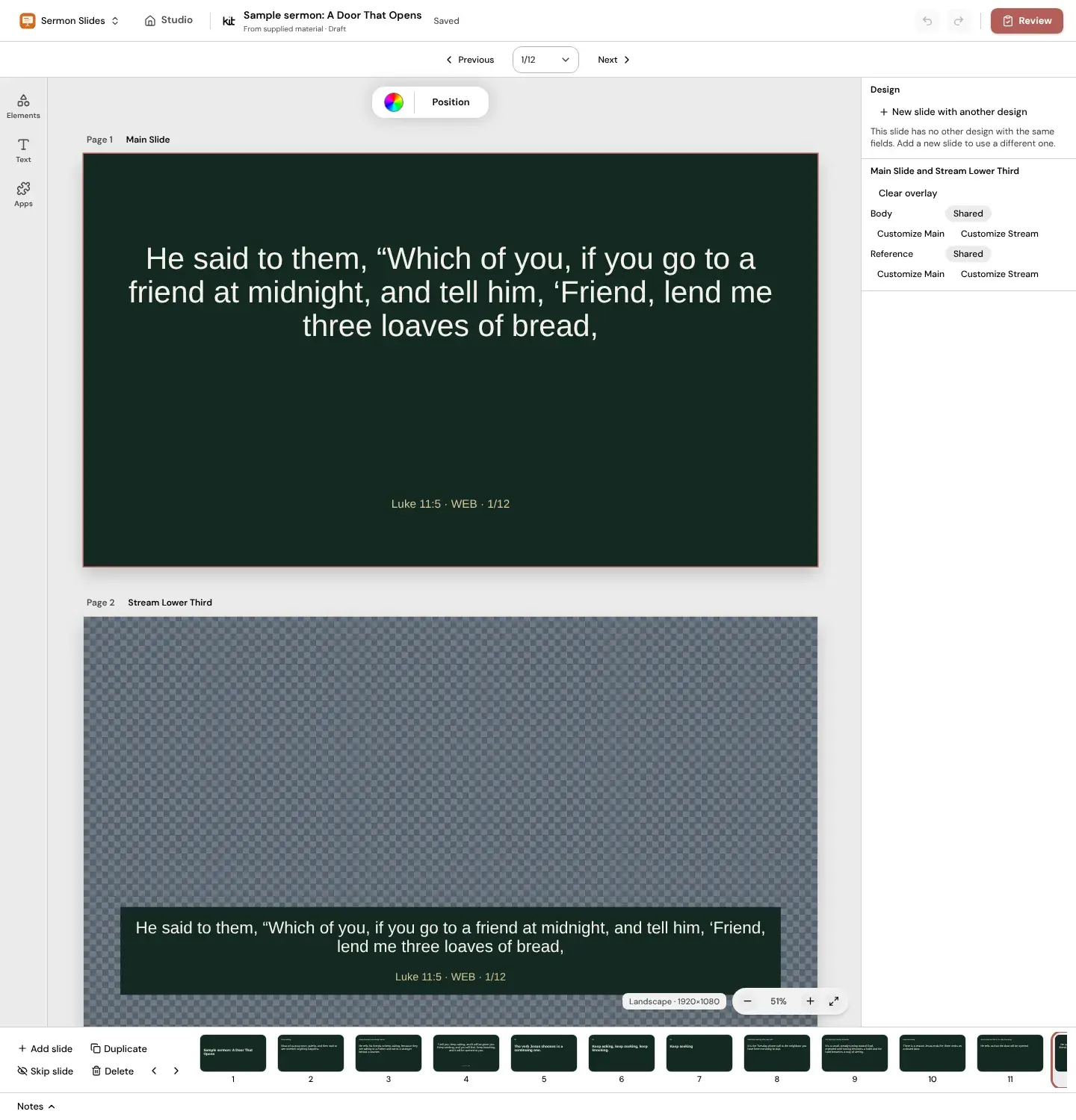 Sample sermon: Luke 11:5-13 (WEB) continued over several slides, each with its reference and a matching Stream Lower Third.
