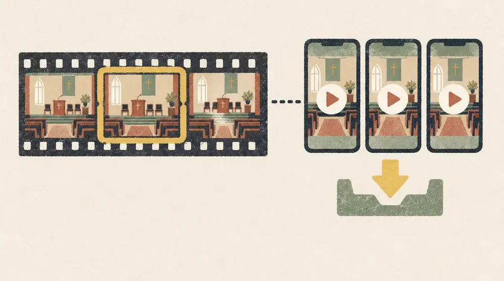 A film strip with one frame marked, three vertical clip cards and a download tray.