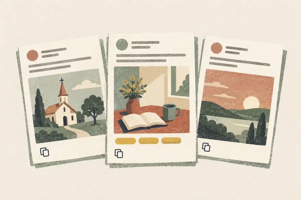 Three social post cards with captions and Copy buttons.