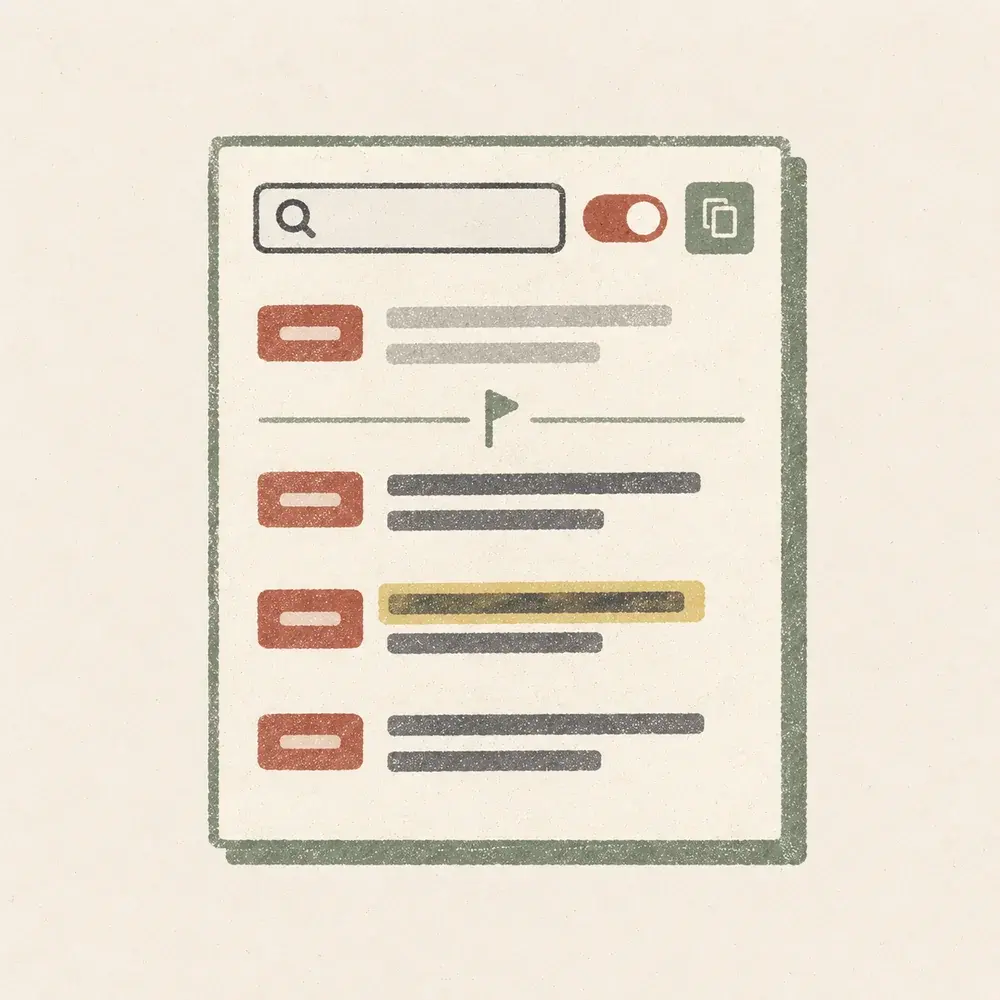 Illustration of a searchable transcript with a search bar, timestamp chips and a flag marking where the sermon starts.