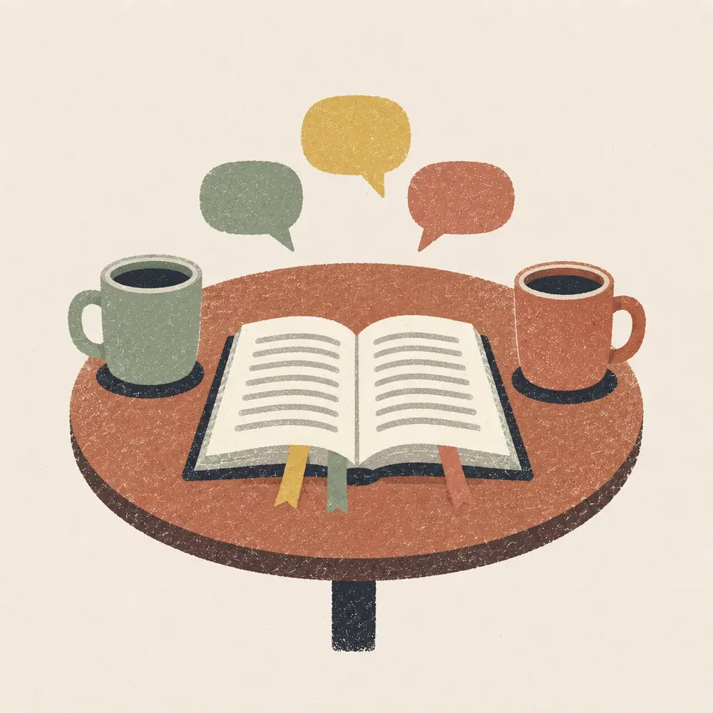 An open guide with bookmarks on a round table, with discussion question bubbles floating above.