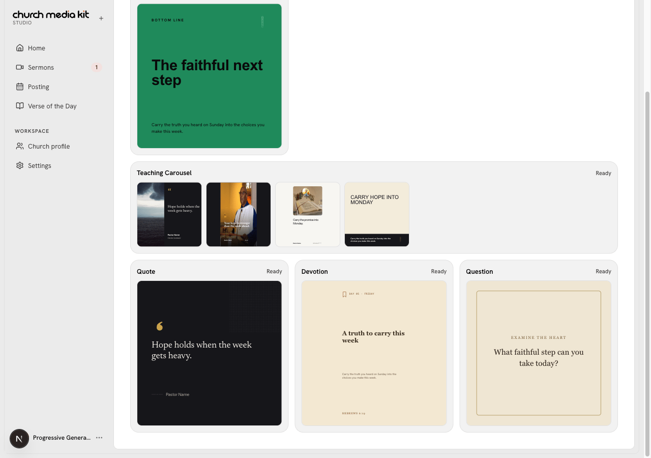 Church Media Kit showing a fictional sermon transformed into five ready weekly content sections